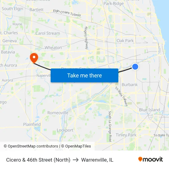 Cicero & 46th Street (North) to Warrenville, IL map