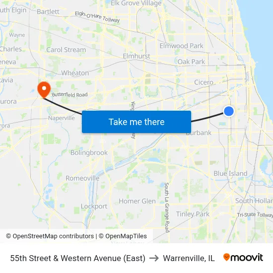 55th Street & Western Avenue (East) to Warrenville, IL map