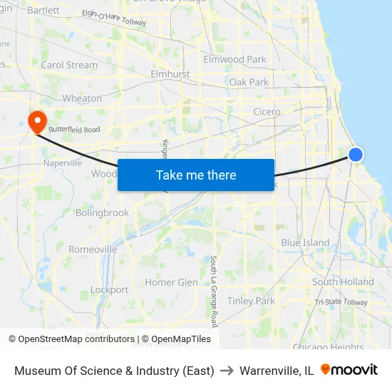Museum Of Science & Industry (East) to Warrenville, IL map