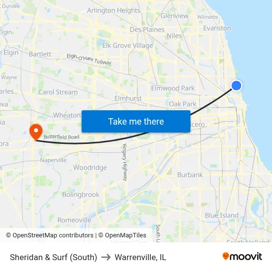 Sheridan & Surf (South) to Warrenville, IL map