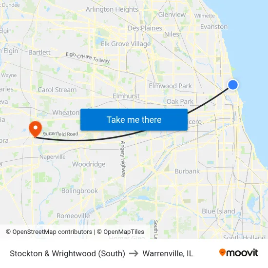 Stockton & Wrightwood (South) to Warrenville, IL map