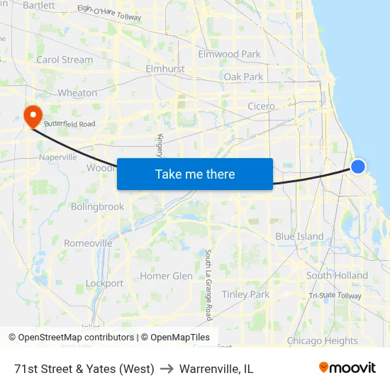 71st Street & Yates (West) to Warrenville, IL map