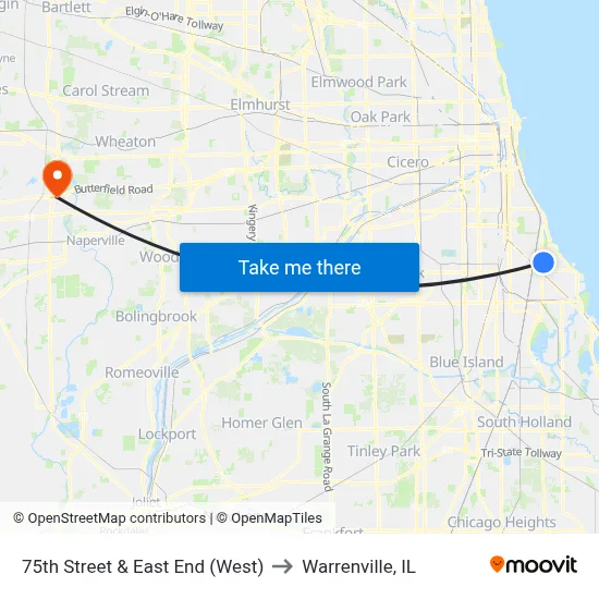 75th Street & East End (West) to Warrenville, IL map