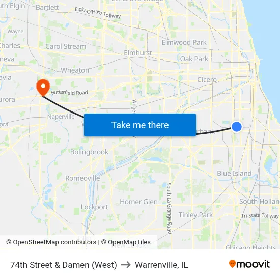 74th Street & Damen (West) to Warrenville, IL map