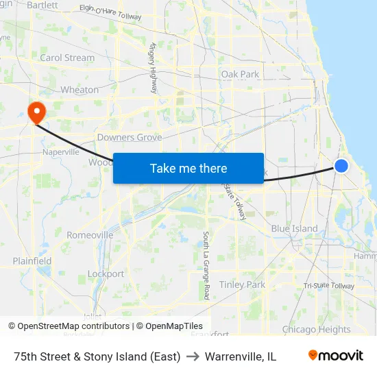 75th Street & Stony Island (East) to Warrenville, IL map