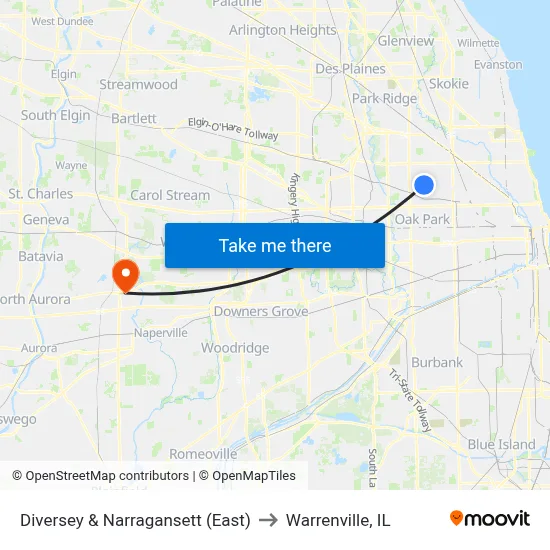 Diversey & Narragansett (East) to Warrenville, IL map