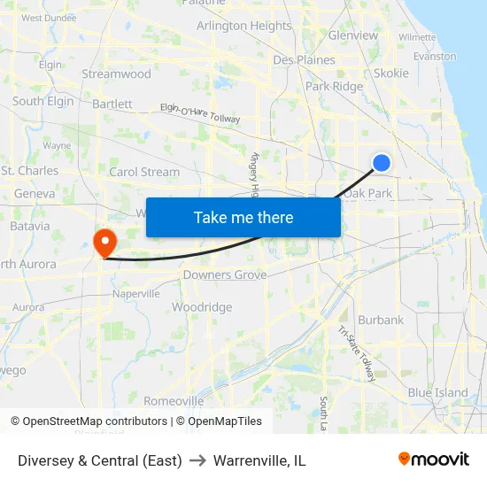 Diversey & Central (East) to Warrenville, IL map