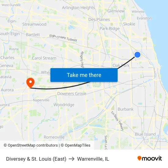 Diversey & St. Louis (East) to Warrenville, IL map