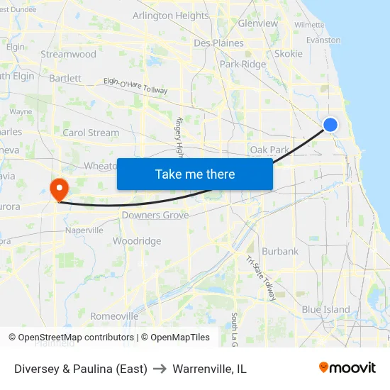 Diversey & Paulina (East) to Warrenville, IL map