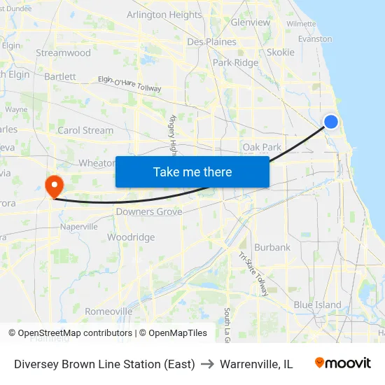 Diversey Brown Line Station (East) to Warrenville, IL map