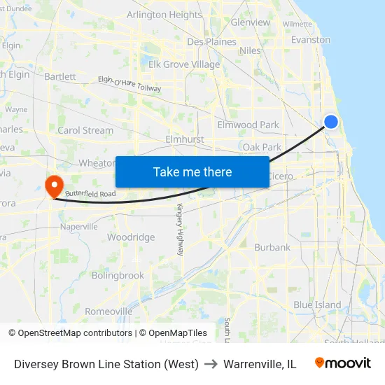 Diversey Brown Line Station (West) to Warrenville, IL map