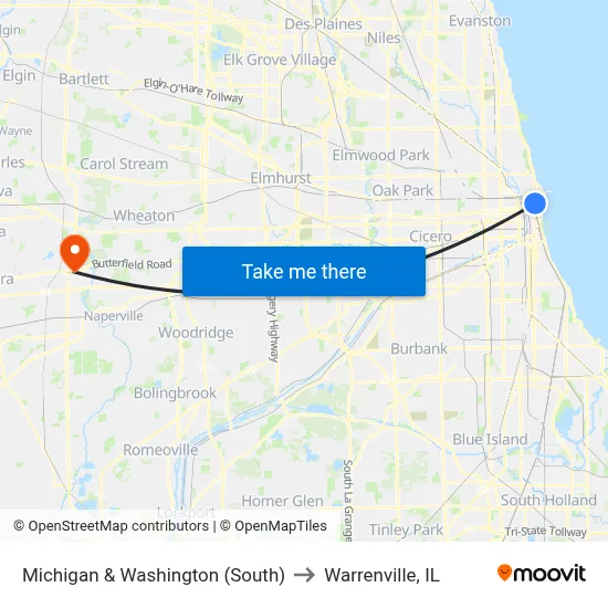Michigan & Washington (South) to Warrenville, IL map