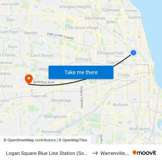 Logan Square Blue Line Station (South) to Warrenville, IL map