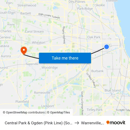 Central Park & Ogden (Pink Line) (South) to Warrenville, IL map