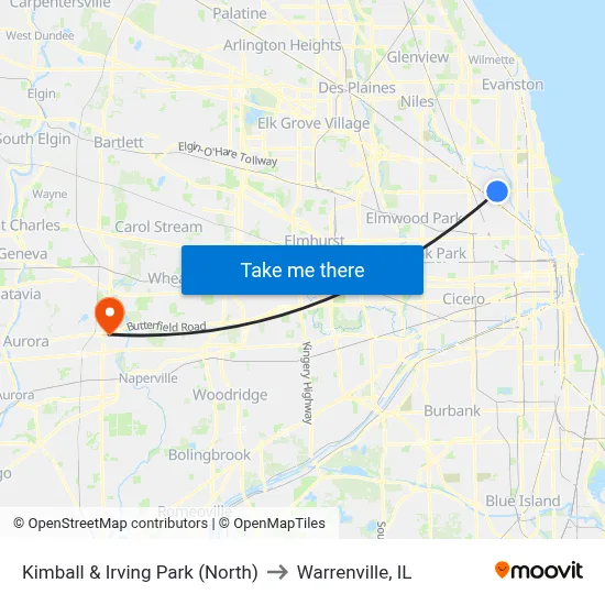 Kimball & Irving Park (North) to Warrenville, IL map