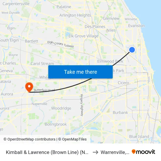Kimball & Lawrence (Brown Line) (North) to Warrenville, IL map