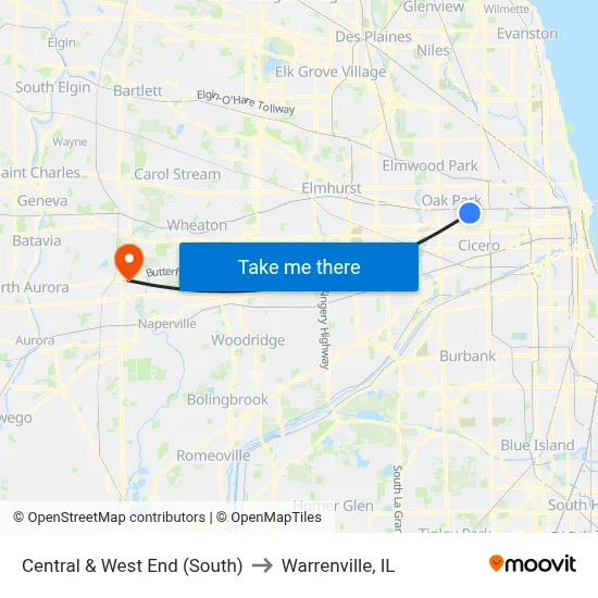 Central & West End (South) to Warrenville, IL map