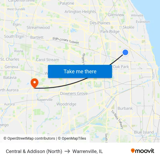 Central & Addison (North) to Warrenville, IL map
