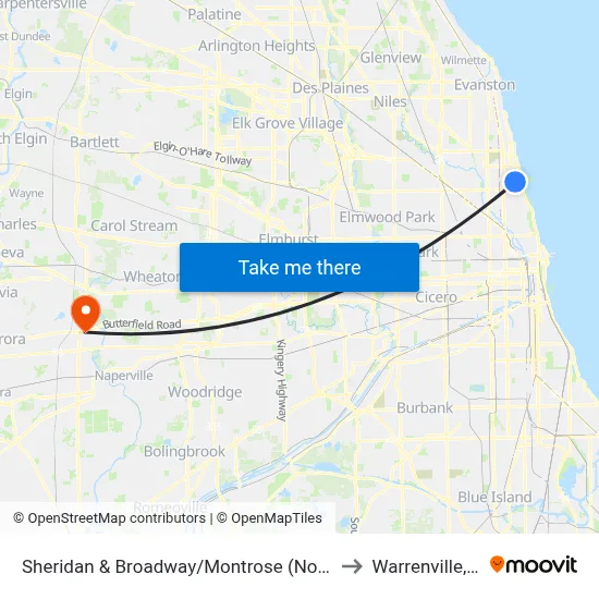 Sheridan & Broadway/Montrose (North) to Warrenville, IL map