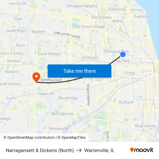 Narragansett & Dickens (North) to Warrenville, IL map