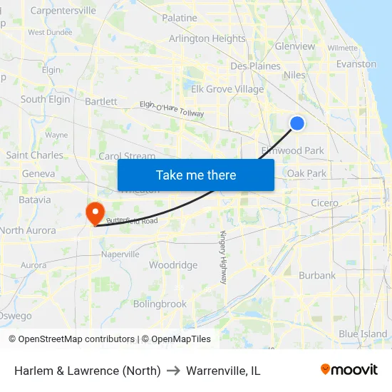 Harlem & Lawrence (North) to Warrenville, IL map
