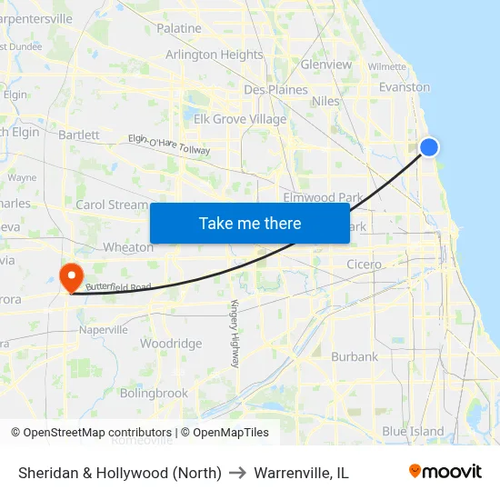 Sheridan & Hollywood (North) to Warrenville, IL map