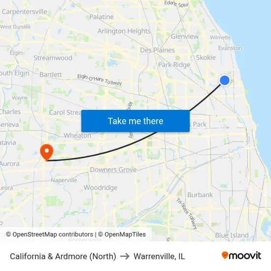 California & Ardmore (North) to Warrenville, IL map