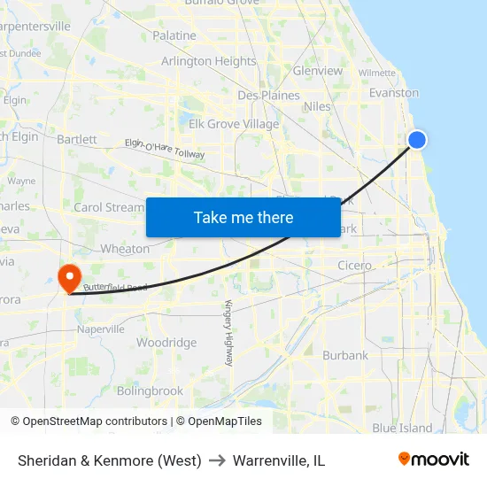 Sheridan & Kenmore (West) to Warrenville, IL map