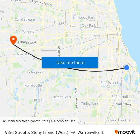 93rd Street & Stony Island (West) to Warrenville, IL map