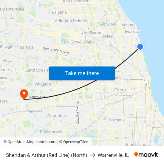 Sheridan & Arthur (Red Line) (North) to Warrenville, IL map
