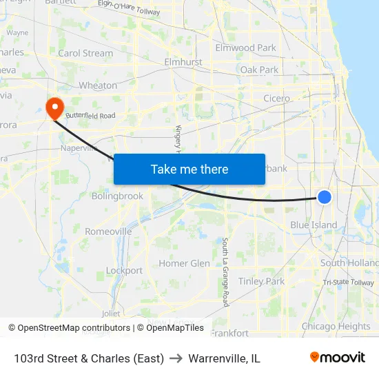 103rd Street & Charles (East) to Warrenville, IL map