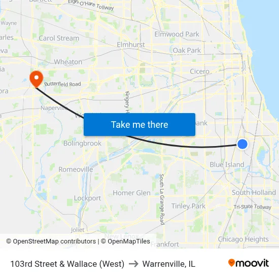 103rd Street & Wallace (West) to Warrenville, IL map