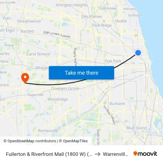 Fullerton & Riverfront Mall (1800 W) (West) to Warrenville, IL map