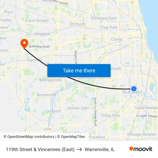 119th Street & Vincennes (East) to Warrenville, IL map