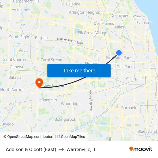 Addison & Olcott (East) to Warrenville, IL map