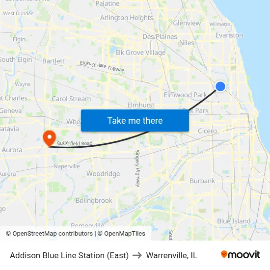Addison Blue Line Station (East) to Warrenville, IL map