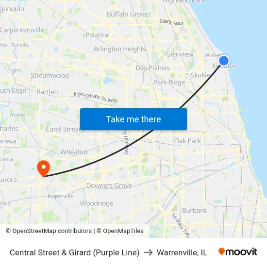 Central Street & Girard (Purple Line) to Warrenville, IL map