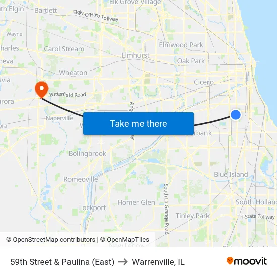 59th Street & Paulina (East) to Warrenville, IL map