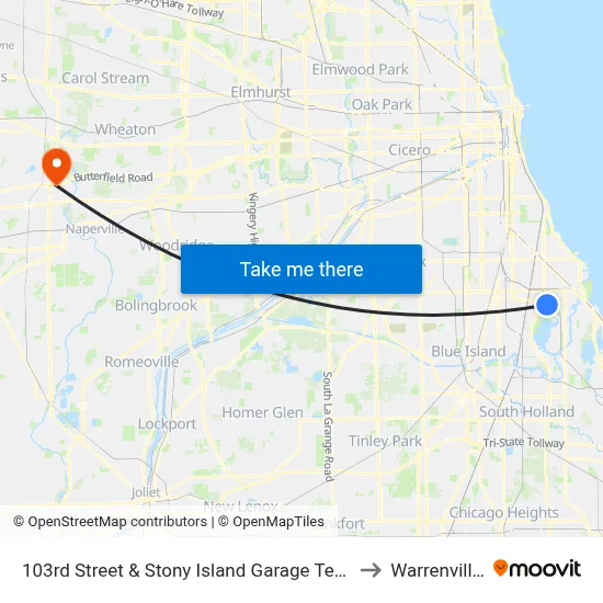 103rd Street & Stony Island Garage Terminal (Se) to Warrenville, IL map
