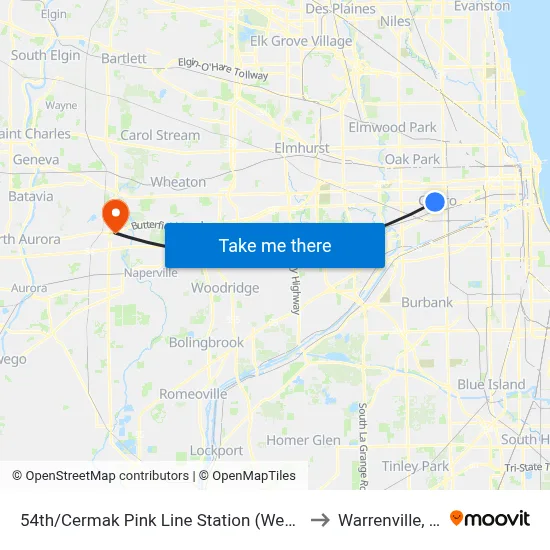54th/Cermak Pink Line Station (West) to Warrenville, IL map