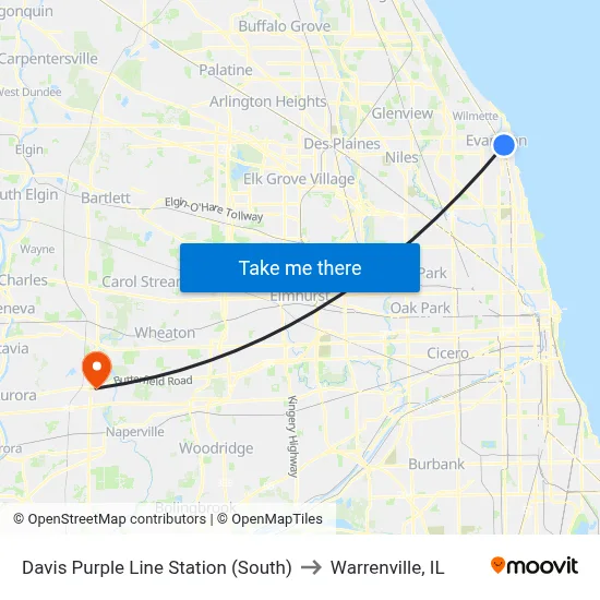 Davis Purple Line Station (South) to Warrenville, IL map