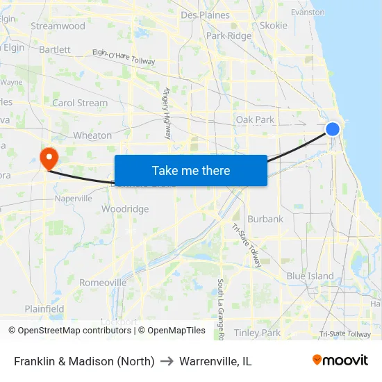 Franklin & Madison (North) to Warrenville, IL map