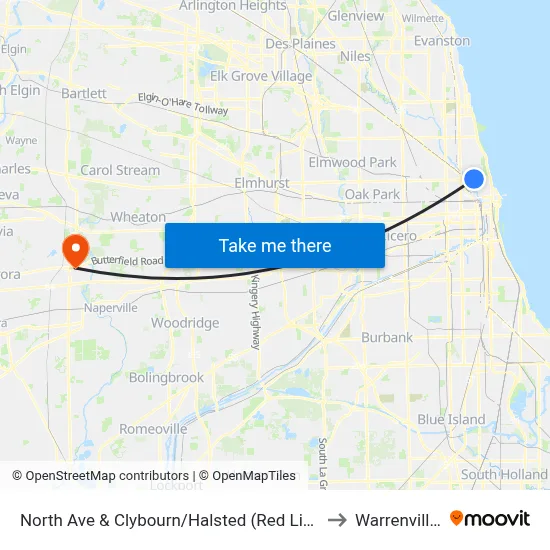 North Ave & Clybourn/Halsted (Red Line) (West) to Warrenville, IL map