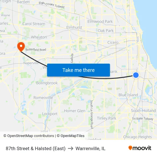 87th Street & Halsted (East) to Warrenville, IL map