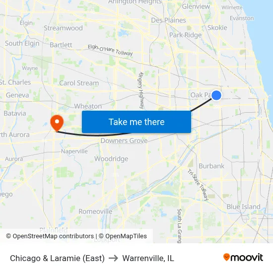 Chicago & Laramie (East) to Warrenville, IL map