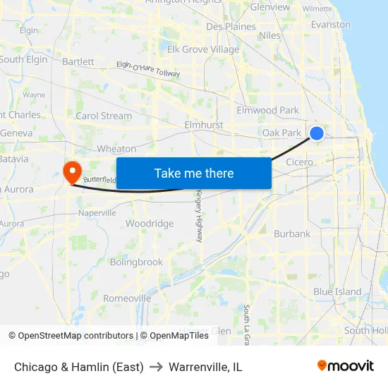 Chicago & Hamlin (East) to Warrenville, IL map