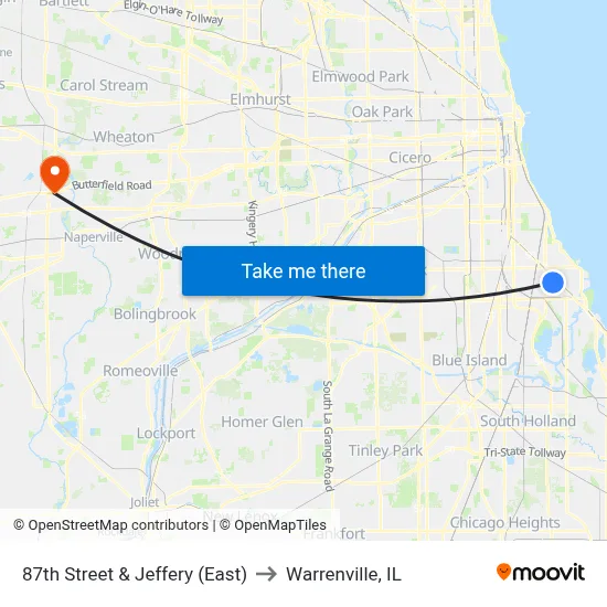 87th Street & Jeffery (East) to Warrenville, IL map
