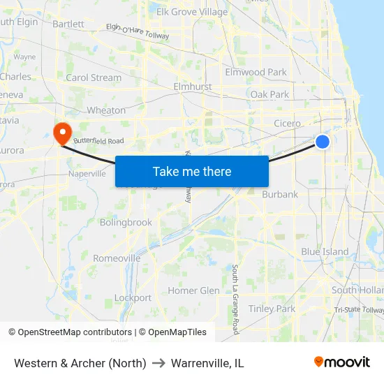 Western & Archer (North) to Warrenville, IL map