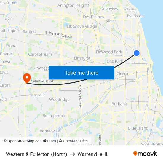 Western & Fullerton (North) to Warrenville, IL map