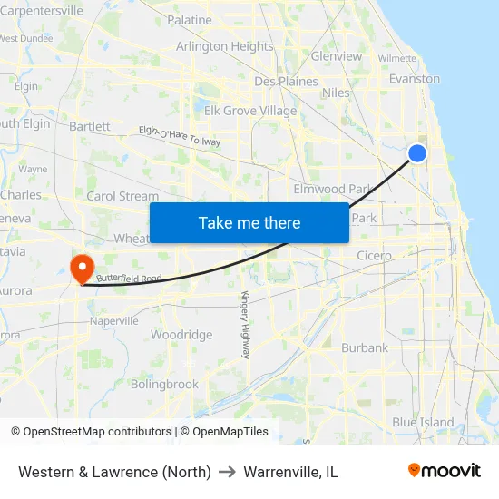 Western & Lawrence (North) to Warrenville, IL map
